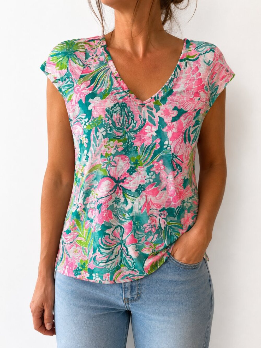 Lilly Pulitzer Floral V-Neck Cotton Top XXS Pink Green